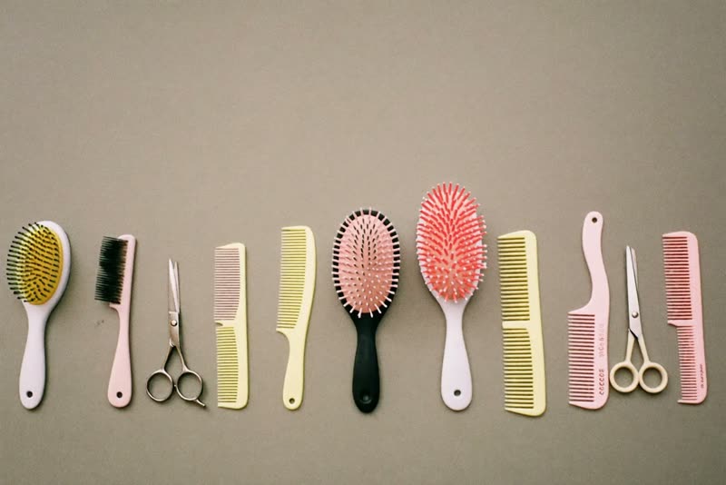 Grooming brushes, combs and scissors laid out